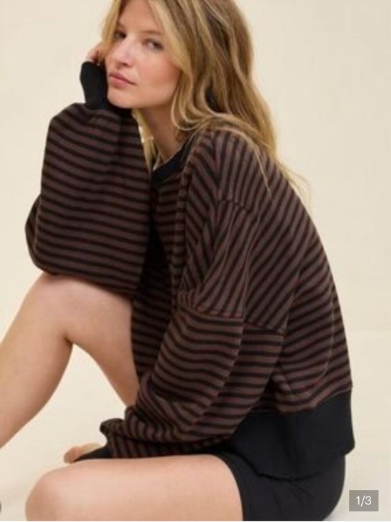 aerie Sweaters - aerie classic crew sweatshirt - stripped black and brown